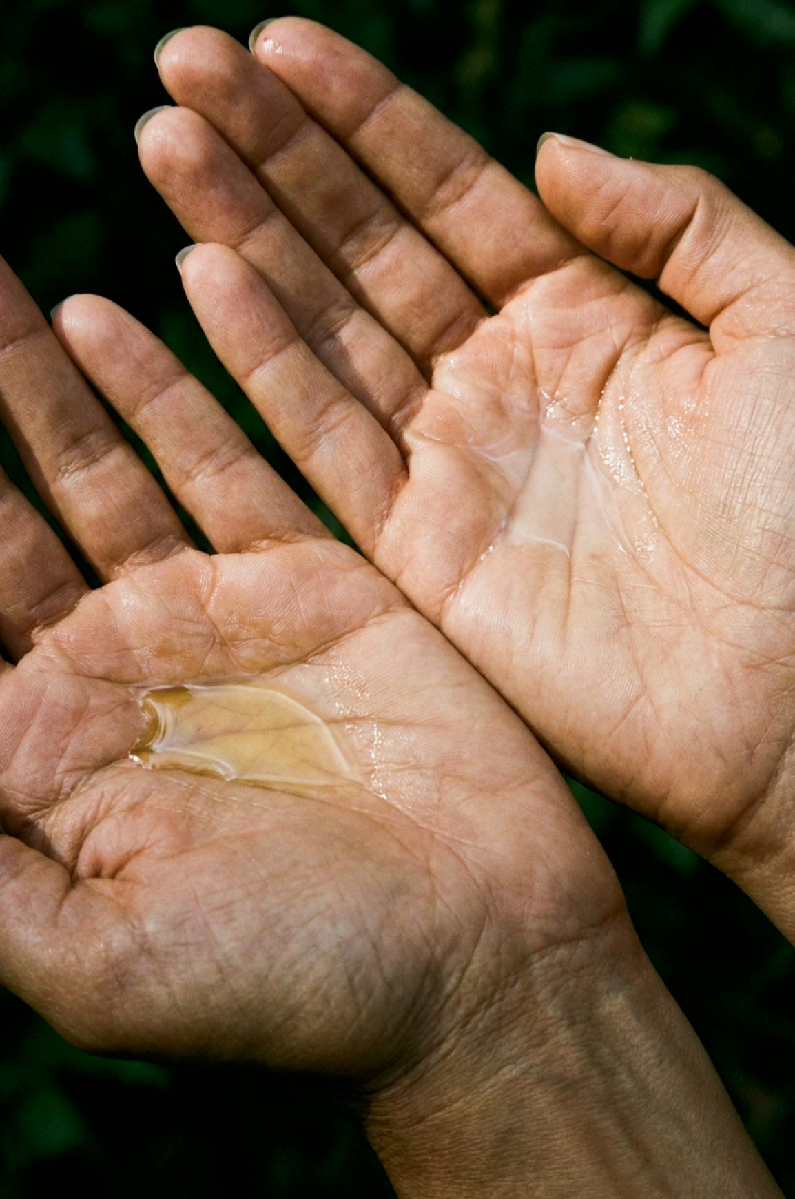 Two open palms holding golden face oil