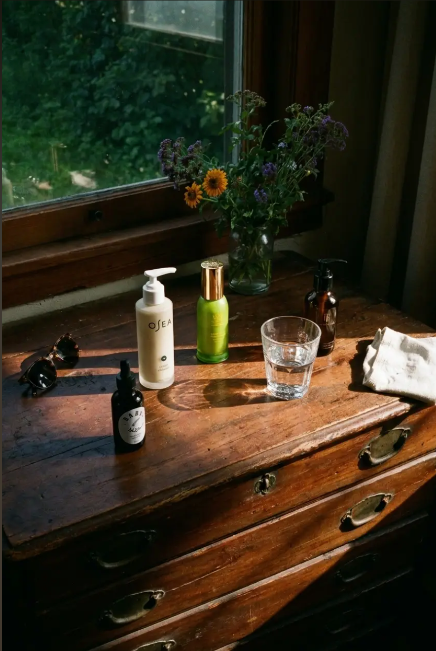 Baby le Bébé bottles and a glass of water on a wooden dresser by a sunlit window