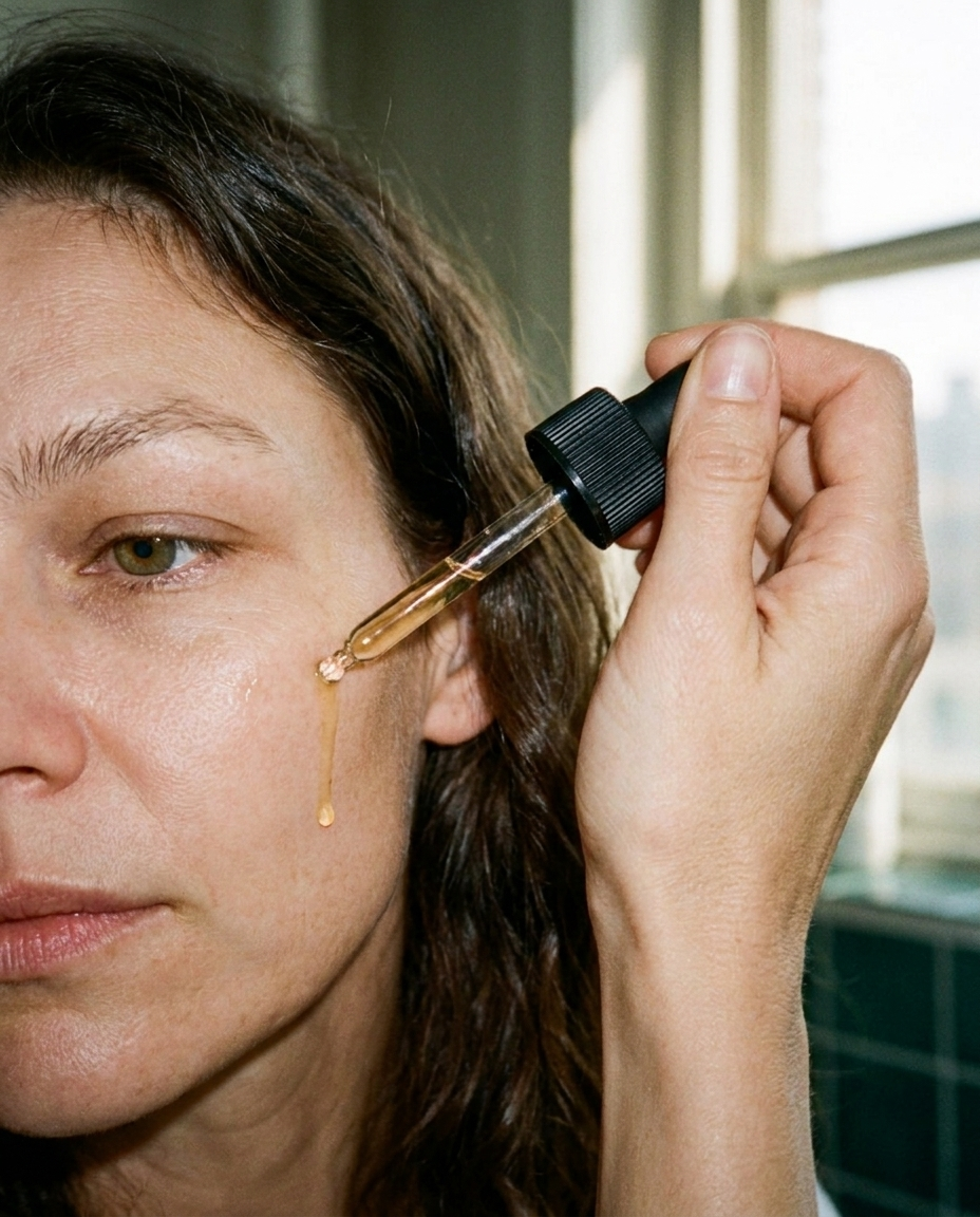 Woman applying Baby le Bébé face oil to her cheek with a glass dropper