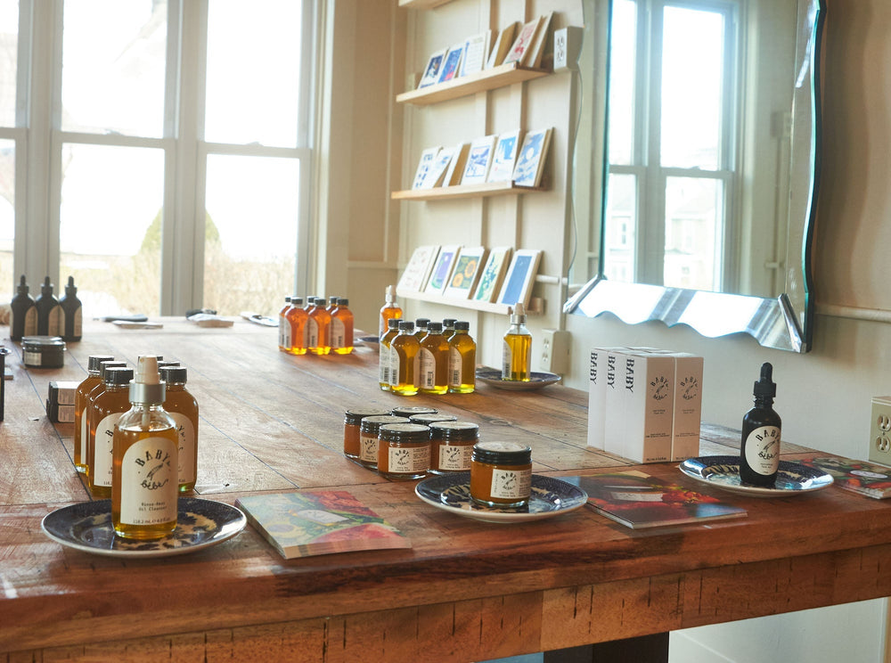Photo of shelves inside the store displaying skin care products.