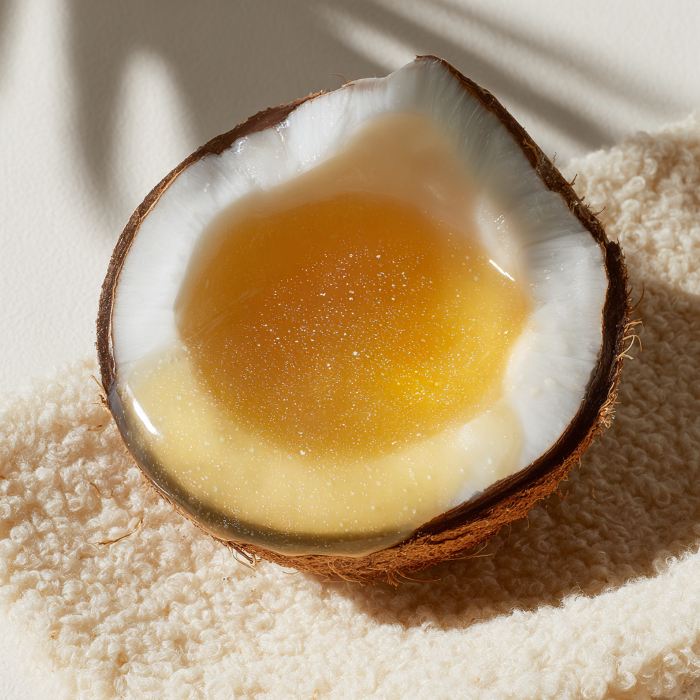 Image of a coconut sliced in half filled with coconut oil. 