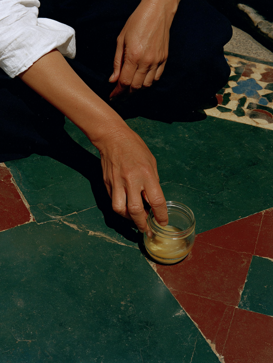 Woman's hand reaching a finger into the jar of balm.