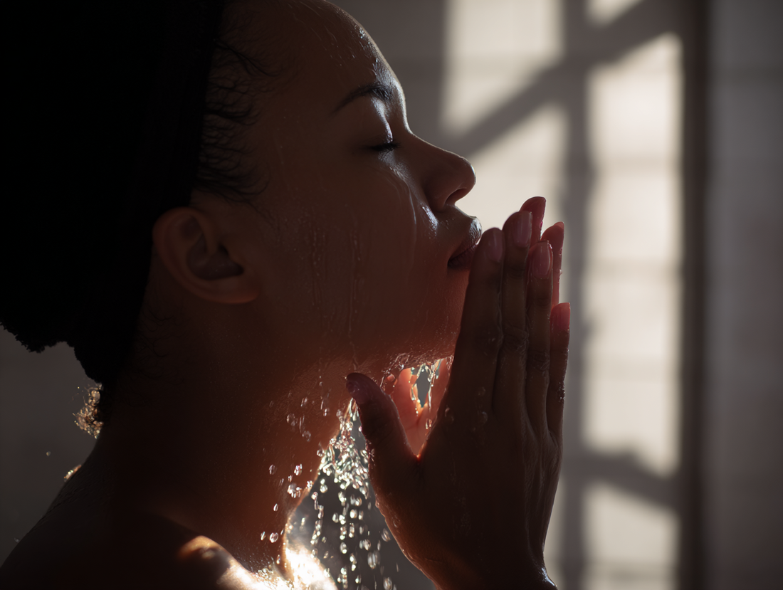 Image of a woman splashing her face with water 