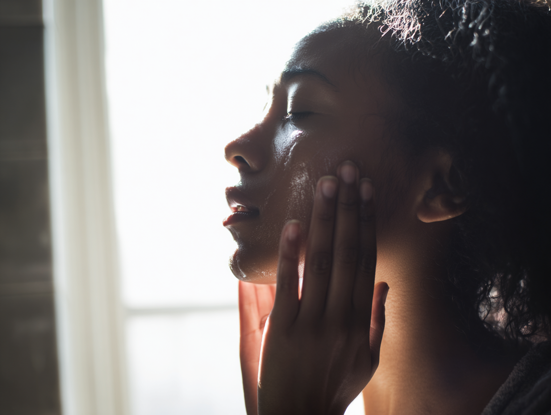 Image of a woman applying skin care to her face in reflective sun light