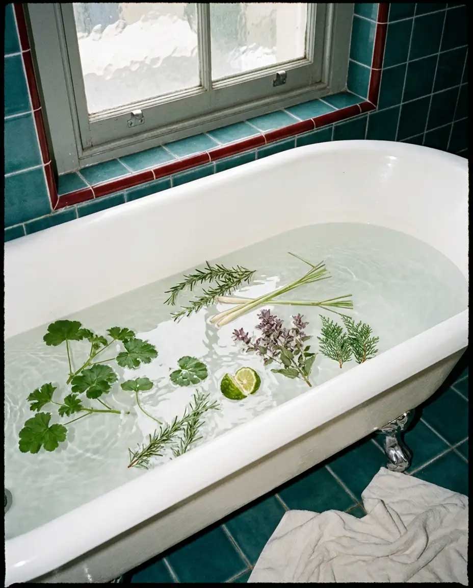 Clawfoot bathtub filled with water and floating herbs and wildflowers beneath a window
