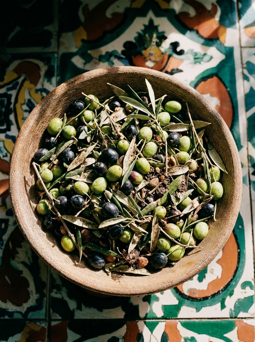 Olives in a bowl after harvest